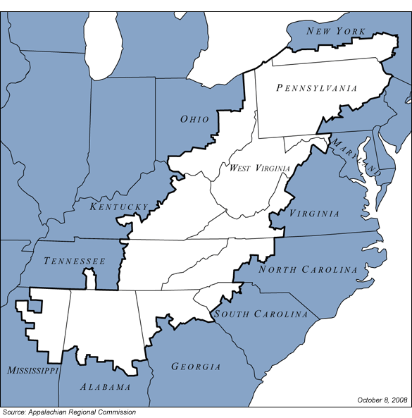 Map of the Appalachian Region. The Appalachian Region includes all of West Virginia and parts of 12 other states: Alabama, Georgia, Kentucky, Maryland, Mississippi, New York, North Carolina, Ohio, Pennsylvania, South Carolina, Tennessee, and Virginia.