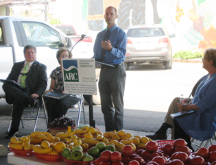 Photo of  EPA Office of Sustainable Communities Program Manager Ed Fendley speaking at the Tupelo Farmers Market on September 12, 2013, during an announcement of the 2013 Livable Communities grant competition sponsored by ARC, EPA, and USDA.