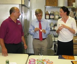 Photo of ARC Federal Co-Chair Earl Gohl and USDA Deputy Under Secretary Joani Walsh with Bonfattos Spice Cream owner David Letterman on August 5, 2013, during a visit to the company as part of ARC's Pennsylvania Jobs and Local Food Systems Tour.