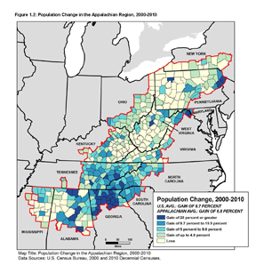 Map of Population Change in Appalachia 2000-2012