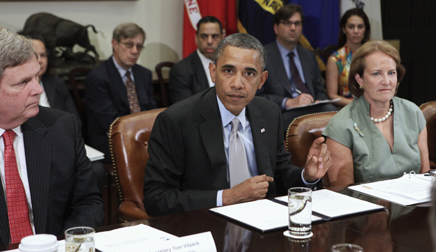 Photo of President Obama leading the August 7, 2012, White House Rural Council meeting on the administration's effort to address drought issues in rural areas.