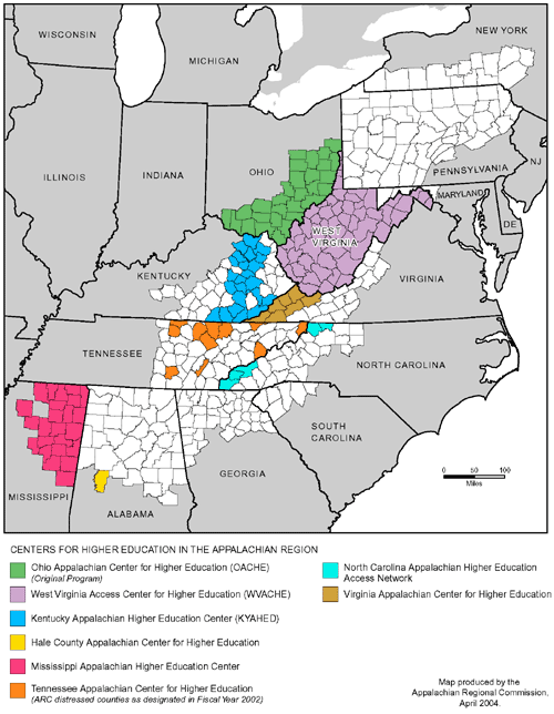 Figure 3 shows the Appalachian Higher Education Network service areas by state. All of the Appalachian counties of West Virginia, Ohio, and Mississippi are served by network centers. A complete list of Appalachian counties in these states is available at http://www.arc.gov/index.do?nodeId=27. The counties served in Kentucky are Bath, Bell, Breathitt, Carter, Clay, Elliott, Estill, Fleming, Harlan, Jackson, Knox, Lee, Letcher, Lewis, McCreary, Menifee, Morgan, Montgomery, Owsley, Perry, Rowan, Whitley, and Wolfe. The counties served in Virginia are Buchanan, Dickenson, Lee, Russell, Scott, Tazewell, and Wise. The Tennessee counties served are Campbell, Clay, Cocke, Fentress, Grundy, Hancock, Jackson, Johnson, Meigs, Morgan, and Scott. The North Carolina counties served are Alleghany, Ashe, Cherokee, Graham, and Swain. In Alabama, Hale County is served.