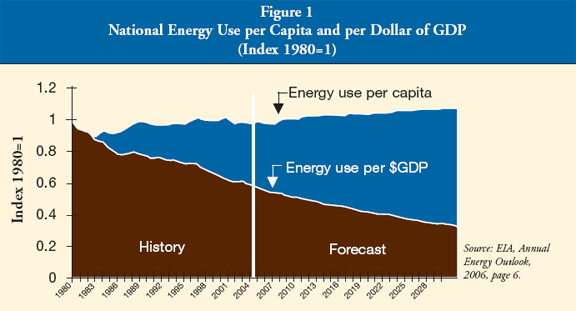 Figure 1: National Energy Use Per Capita and Per Dollar of GDP (Index: 1980=1)