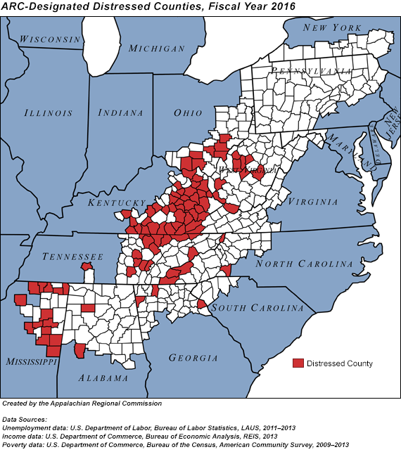 In fiscal year 2016, 93 counties in 9 Appalachian states are classified by ARC as distressed: 2 counties in Alabama, 3 in Georgia, 38 in Kentucky, 14 in Mississippi, 4 in North Carolina, 7 in Ohio, 15 in Tennessee, 1 in Virginia, and 9 in West Virginia.