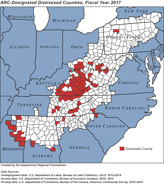 In fiscal year 2017, 84 counties in 11 Appalachian states are classified by ARC as distressed: 2 counties in Alabama, 2 in Georgia, 37 in Kentucky, 12 in Mississippi, 4 in North Carolina, 4 in Ohio, 1 in Pennsylvania, 1 in South Carolina, 10 in Tennessee, 3 in Virginia, and 8 in West Virginia.