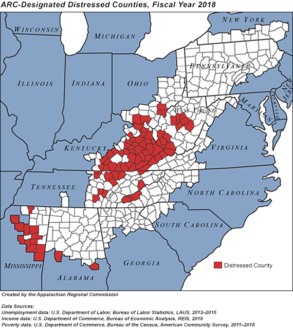 In fiscal year 2018, 84 counties in 11 Appalachian states are classified by ARC as distressed: 2 counties in Alabama, 37 in Kentucky, 12 in Mississippi, 2 in North Carolina, 4 in Ohio, 11 in Tennessee, 4 in Virginia, and 12 in West Virginia.