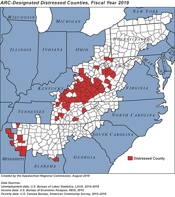 In fiscal year 2019, 81 counties in 8 Appalachian states are classified by ARC as distressed: 1 county in Alabama, 38 in Kentucky, 9 in Mississippi, 1 in North Carolina, 3 in Ohio, 10 in Tennessee, 4 in Virginia, and 15 in West Virginia.