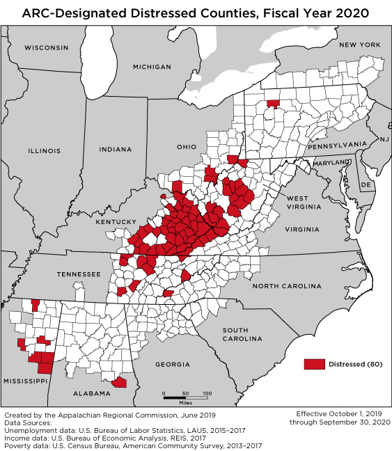 In fiscal year 2020, 81 counties in 80 Appalachian counties are classified by ARC as distressed: 1 county in Alabama, 38 in Kentucky, 6 in Mississippi, 1 in North Carolina, 4 in Ohio, 1 in Pennsylvania, 9 in Tennessee, 4 in Virginia, and 16 in West Virginia.