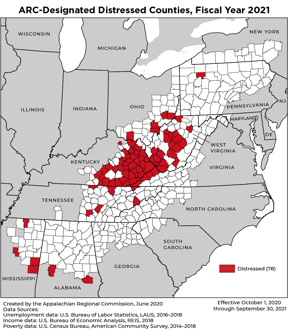 In fiscal year 2021, 78 Appalachian counties are classified by ARC as distressed: 2 counties in Alabama, 38 in Kentucky, 4 in Mississippi, 5 in Ohio, 1 in Pennsylvania, 6 in Tennessee, 4 in Virginia, and 18 in West Virginia.