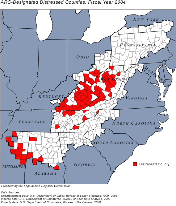 In fiscal year 2004, 91 counties in 8 Appalachian states are classified by ARC as distressed: 5 counties in Alabama, 35 in Kentucky, 12 in Mississippi, 1 in North Carolina, 6 in Ohio, 8 in Tennessee, 3 in Virginia, and 21 in West Virginia.