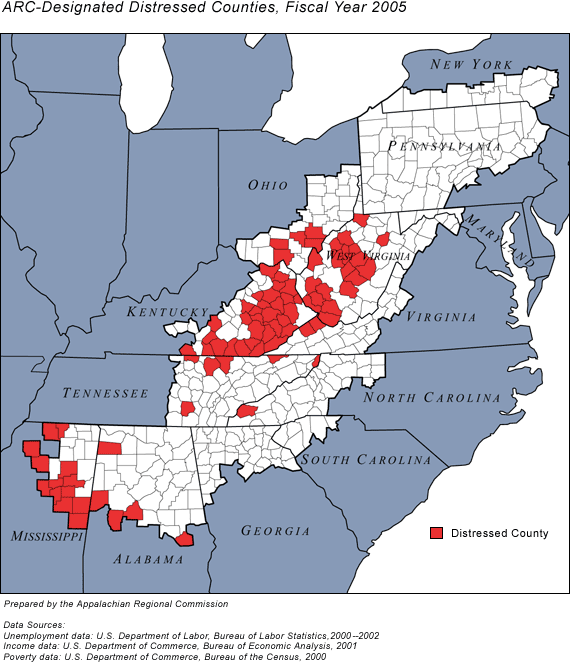 In fiscal year 2005, 82 counties in 8 Appalachian states are classified by ARC as distressed: 5 counties in Alabama, 31 in Kentucky, 13 in Mississippi, 1 in North Carolina, 5 in Ohio, 6 in Tennessee, 2 in Virginia, and 19 in West Virginia.