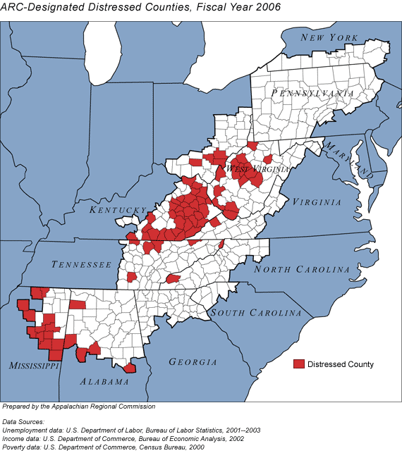 In fiscal year 2006, 77 counties in 8 Appalachian states are classified by ARC as distressed: 5 counties in Alabama, 32 in Kentucky, 13 in Mississippi, 1 in North Carolina, 4 in Ohio, 6 in Tennessee, 1 in Virginia, and 15 in West Virginia.