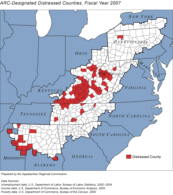 In fiscal year 2007, 78 counties in 9 Appalachian states are classified by ARC as distressed: 4 counties in Alabama, 34 in Kentucky, 10 in Mississippi, 1 in North Carolina, 4 in Ohio, 1 in Pennsylvania, 7 in Tennessee, 1 in Virginia, and 16 in West Virginia.