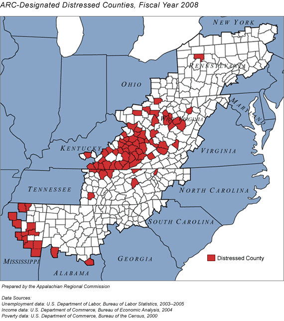 In fiscal year 2008, 78 counties in 8 Appalachian states are classified by ARC as distressed: 2 counties in Alabama, 37 in Kentucky, 12 in Mississippi, 4 in Ohio, 1 in Pennsylvania, 8 in Tennessee, 1 in Virginia, and 13 in West Virginia.