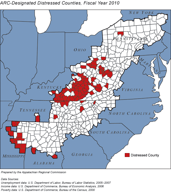 In fiscal year 2010, 82 counties in 8 Appalachian states are classified by ARC as distressed: 2 counties in Alabama, 40 in Kentucky, 12 in Mississippi, 6 in Ohio, 1 in Pennsylvania, 9 in Tennessee, 1 in Virginia, and 11 in West Virginia.