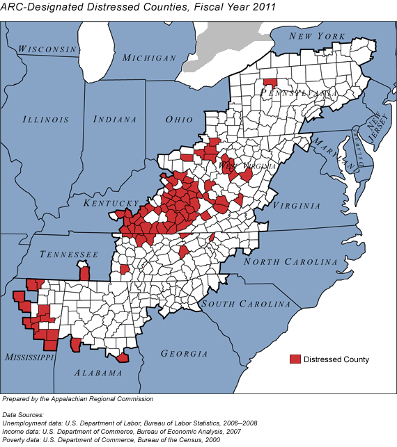 In fiscal year 2011, 82 counties in 8 Appalachian states are classified by ARC as distressed: 2 counties in Alabama, 42 in Kentucky, 12 in Mississippi, 5 in Ohio, 1 in Pennsylvania, 9 in Tennessee, 1 in Virginia, and 10 in West Virginia.