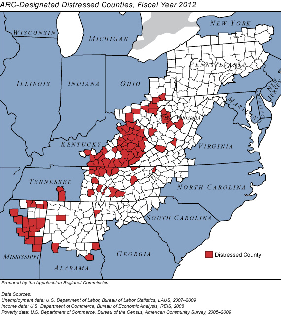 In fiscal year 2012, 96 counties in 8 Appalachian states are classified by ARC as distressed: 4 counties in Alabama, 1 in Georgia, 41 in Kentucky, 17 in Mississippi, 1 in North Carolina, 7 in Ohio, 17 in Tennessee, and 8 in West Virginia.