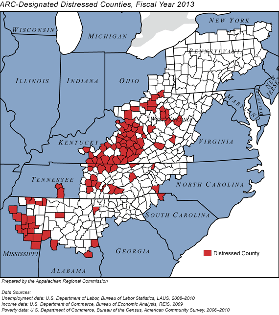 In fiscal year 2013, 98 counties in 9 Appalachian states are classified by ARC as distressed: 5 counties in Alabama, 1 in Georgia, 40 in Kentucky, 16 in Mississippi, 2 in North Carolina, 7 in Ohio, 1 in South Carolina, 18 in Tennessee, and 8 in West Virginia.