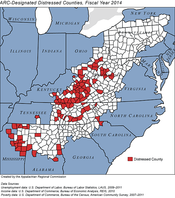 In fiscal year 2014, 93 counties in 7 Appalachian states are classified by ARC as distressed: 6 counties in Alabama, 36 in Kentucky, 16 in Mississippi, 3 in North Carolina, 7 in Ohio, 1 in South Carolina, 16 in Tennessee, and 8 in West Virginia.