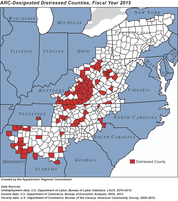 In fiscal year 2015, 84 counties in 10 Appalachian states are classified by ARC as distressed: 6 counties in Alabama, 1 in Georgia, 37 in Kentucky, 14 in Mississippi, 4 in North Carolina, 6 in Ohio, 1 in South Carolina, 152 in Tennessee, 1 in Virginia, and 8 in West Virginia.