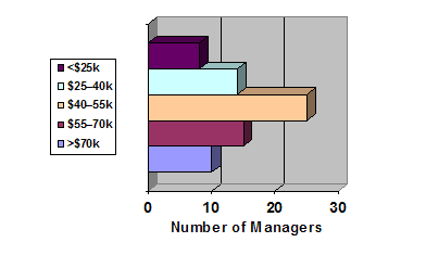 Figure 17. Distribution of Appalachian Incubator Managers' Salaries. The chart shows the salary range of managers' salaries and the number of managers whose salaries fall into each range. The salaries range from less than $25,000 to more than $70,000. The greatest number of managers earn between $40,000 and $50,000 annually.